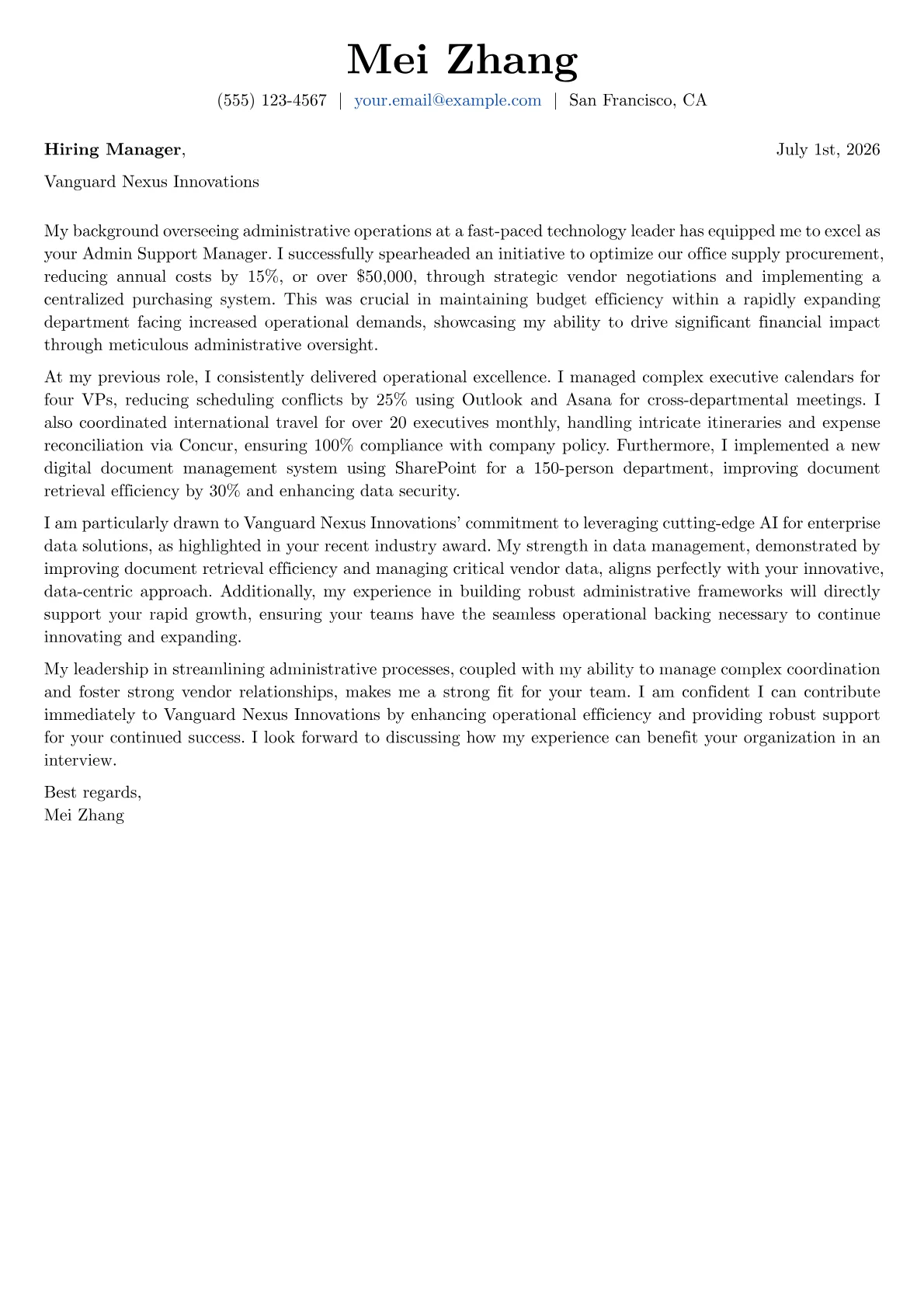 Admin Support Manager cover letter formatted with a JobSprout template