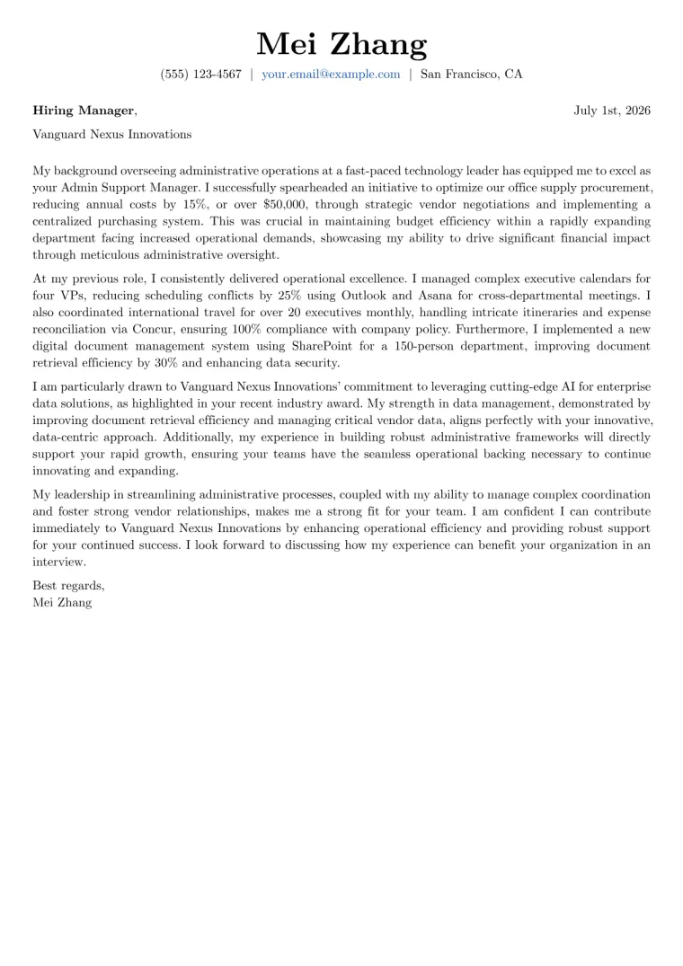 Admin Support Manager Cover Letter Example