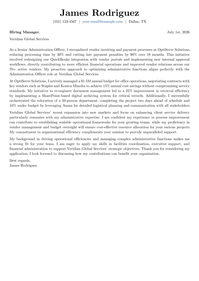 Administration Officer Cover Letter Example