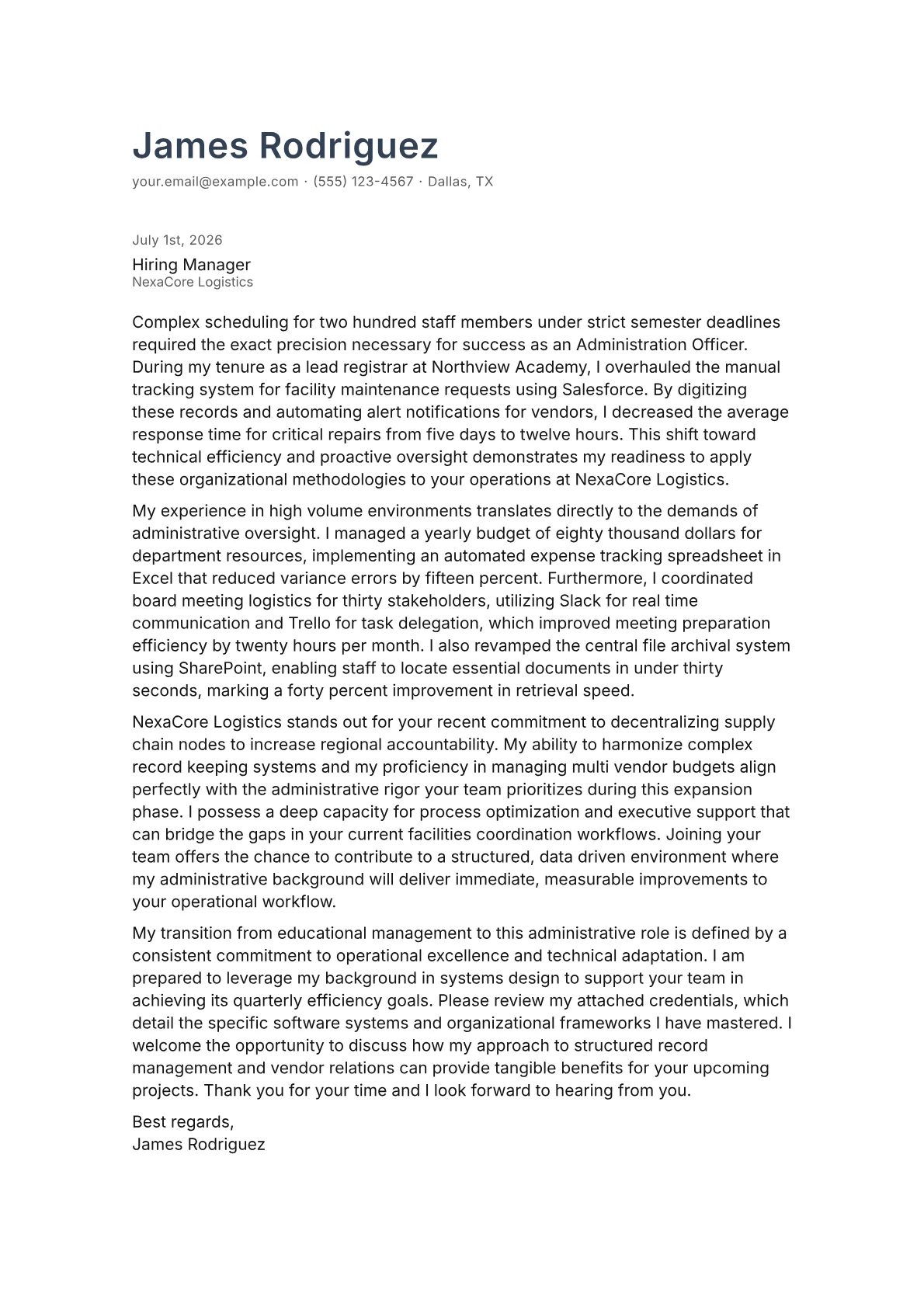 Administration Officer cover letter in the Minimal design