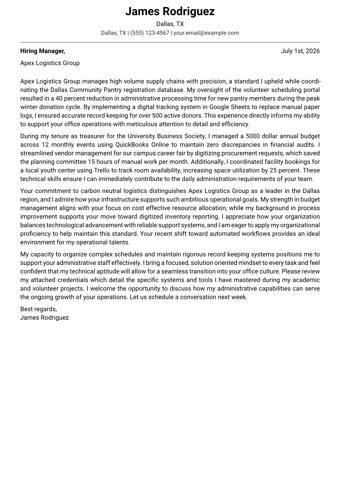 Administration Officer cover letter in the Modern design