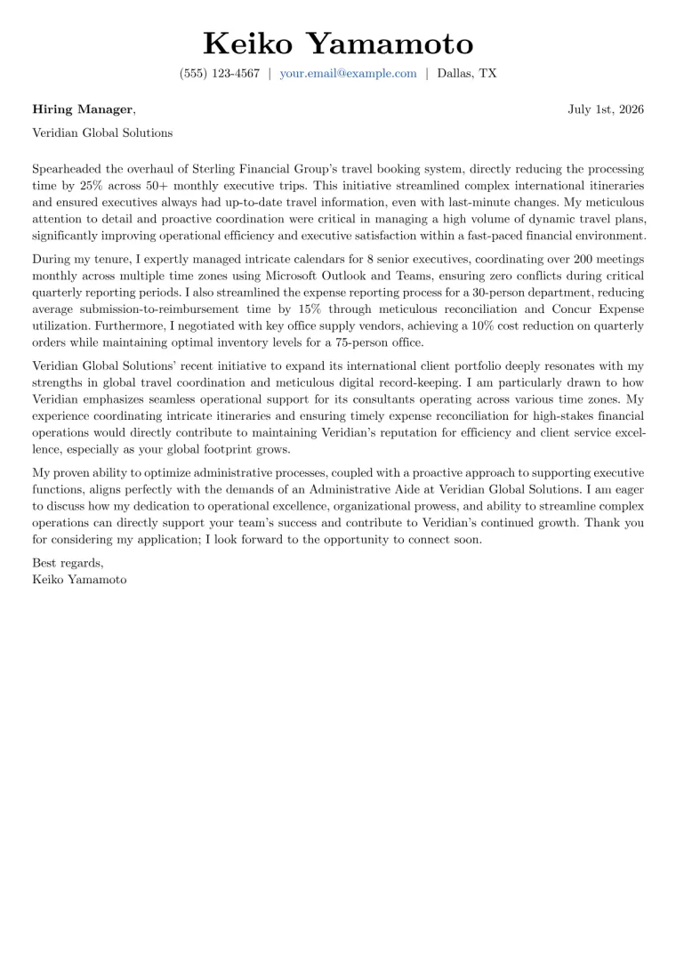 Administrative Aide Cover Letter Example
