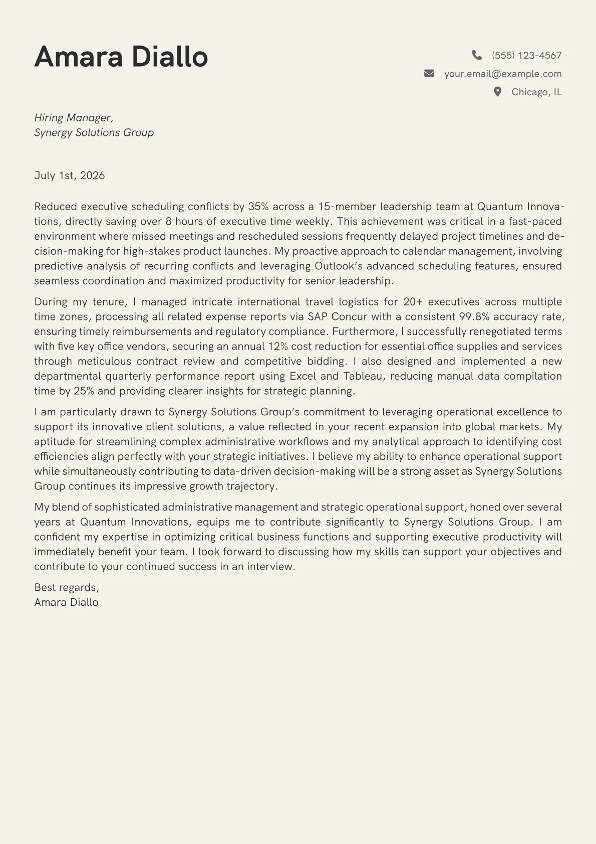 Administrative Analyst cover letter formatted with a JobSprout template