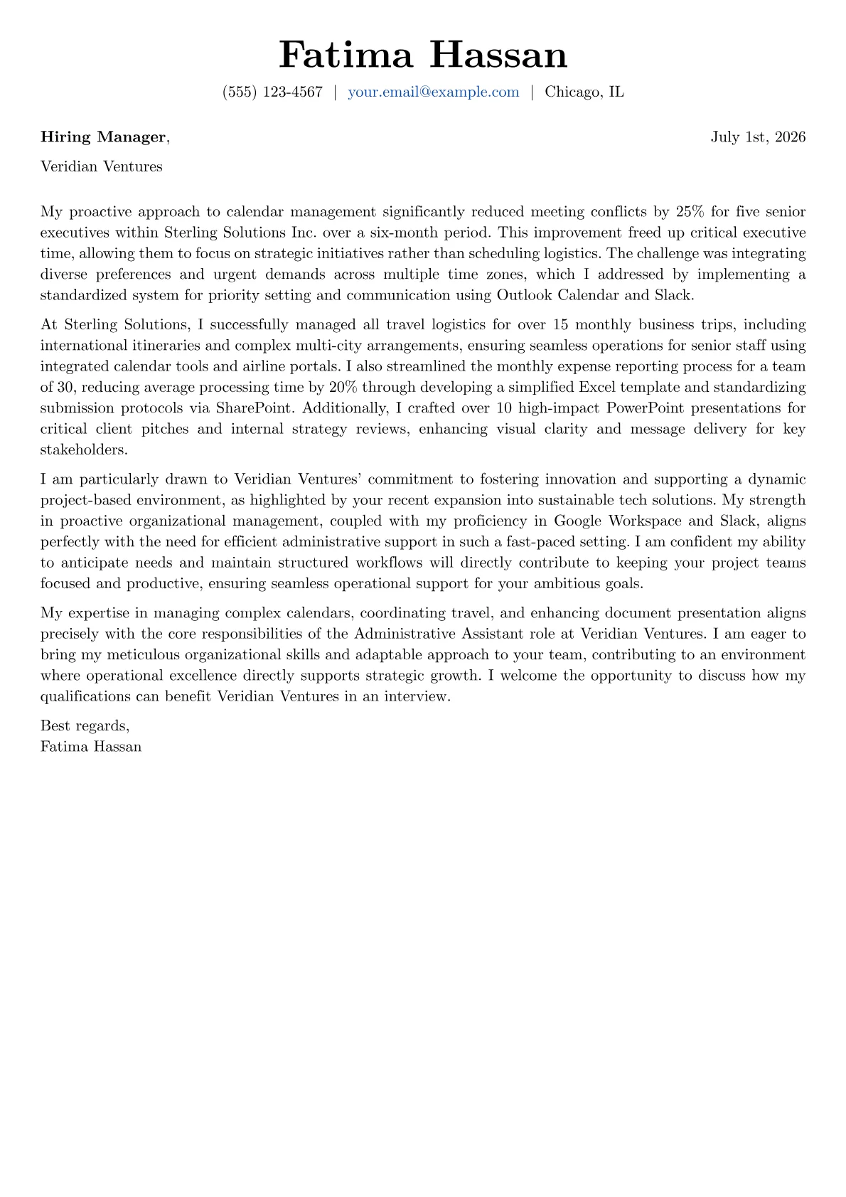 Administrative Assistant cover letter formatted with a JobSprout template