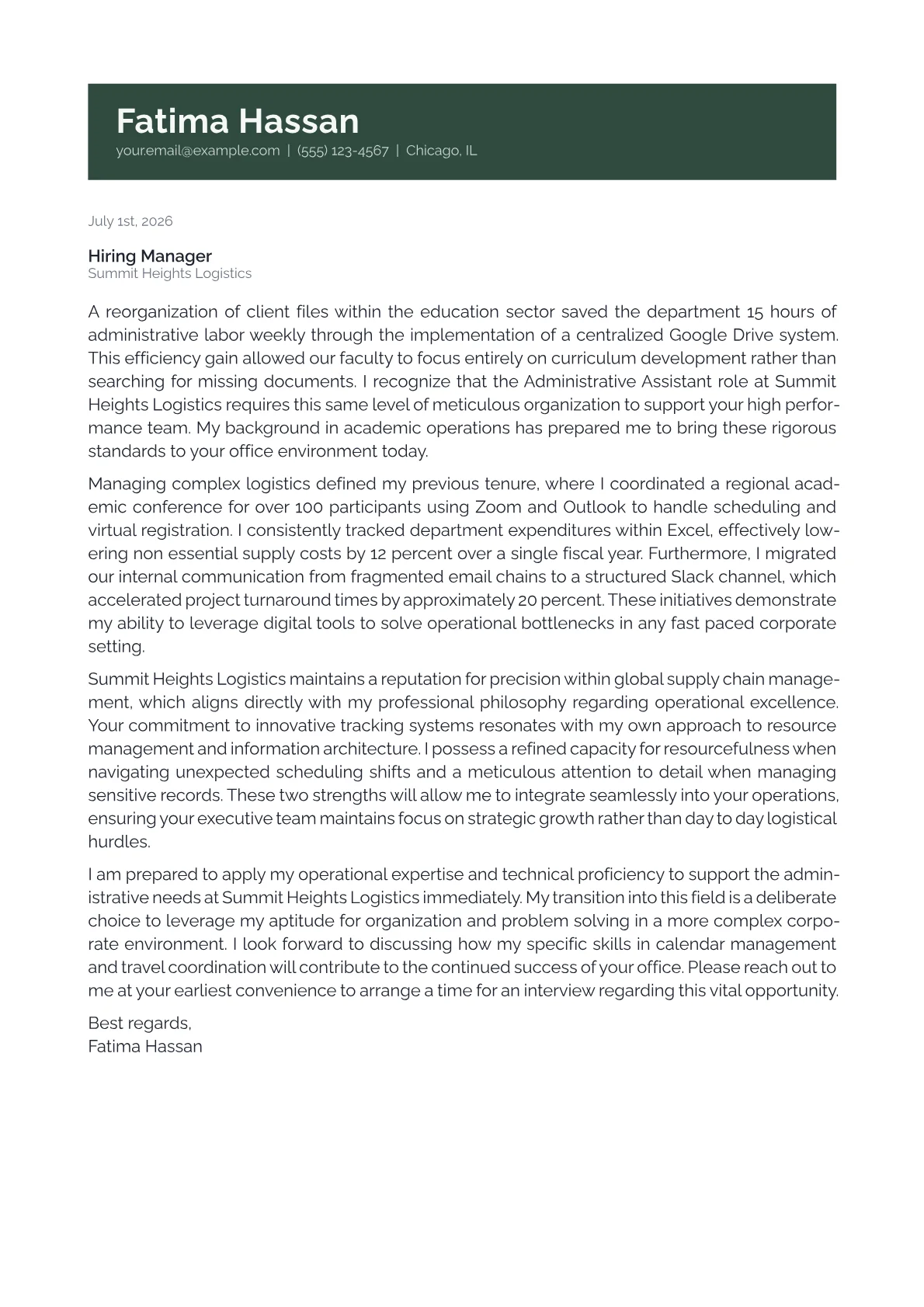 Administrative Assistant cover letter in the Banner design