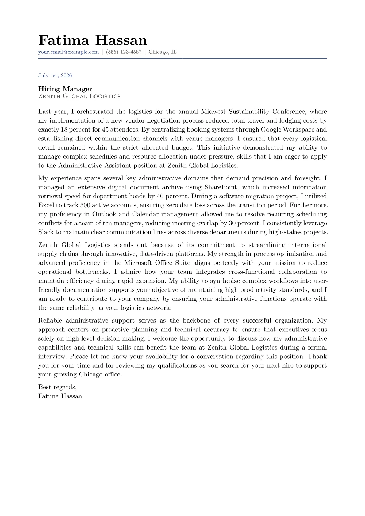 Administrative Assistant cover letter in the Classic design