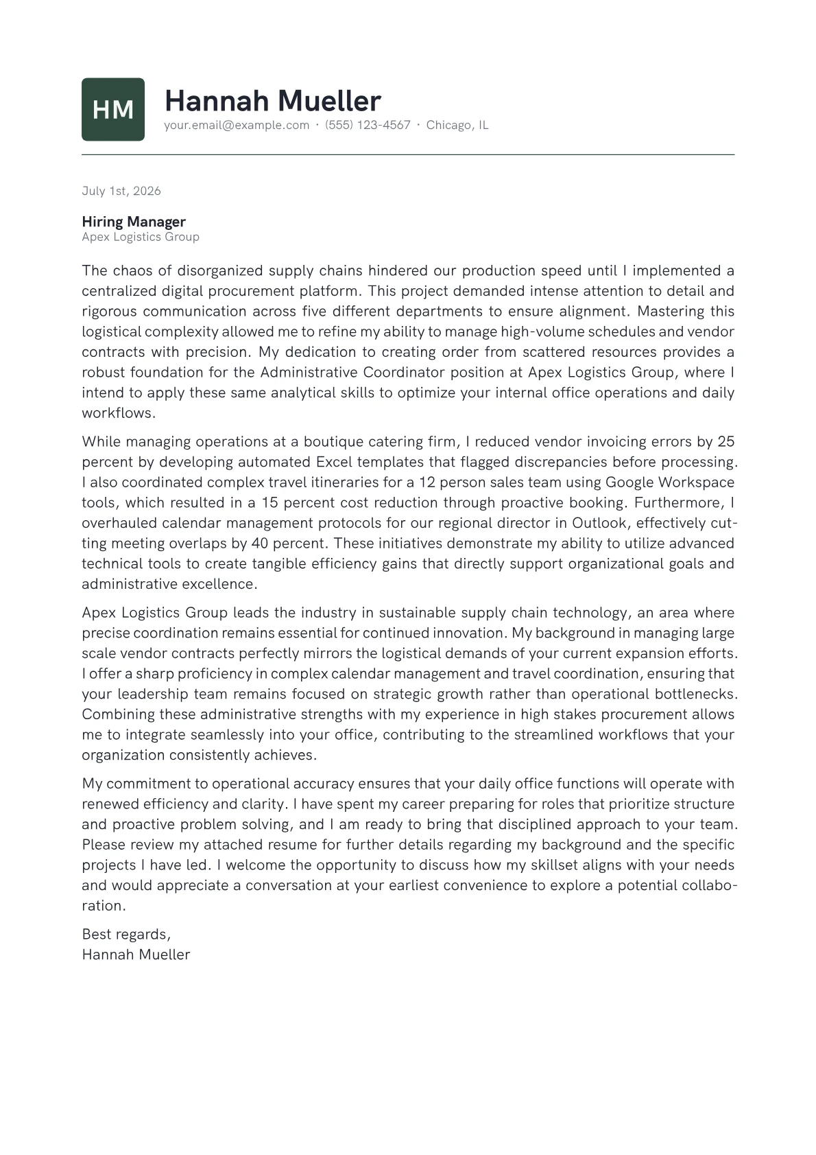 Administrative Coordinator cover letter in the Emblem design
