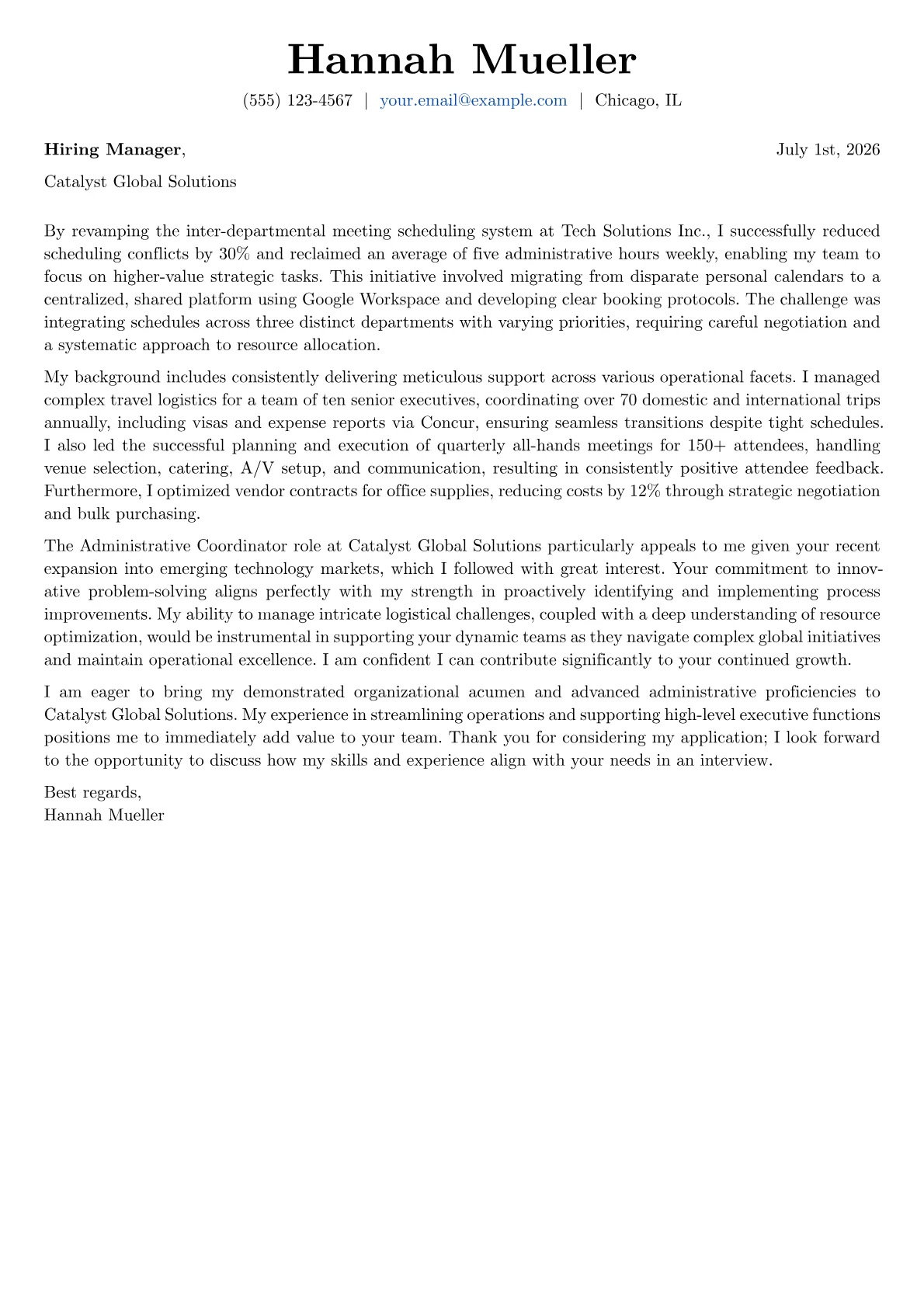 Administrative Coordinator cover letter formatted with a JobSprout template
