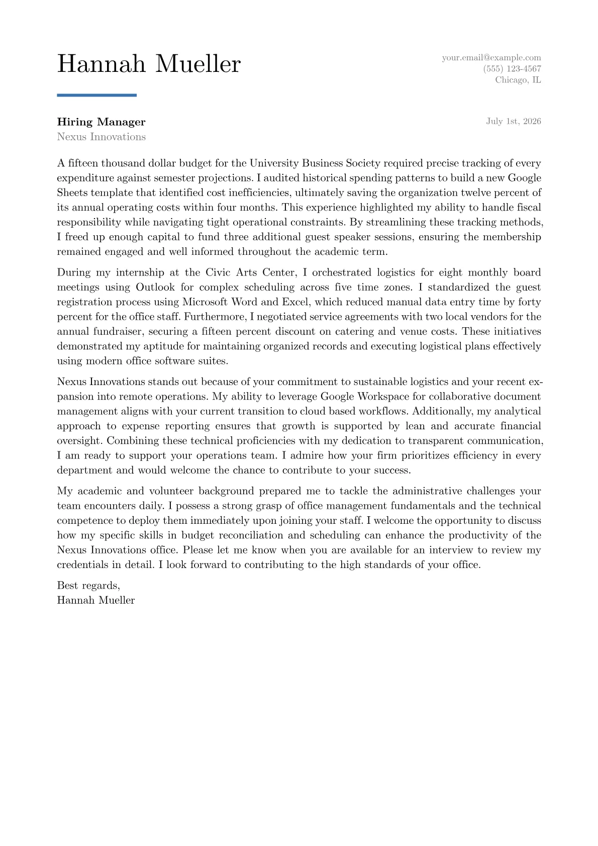Administrative Coordinator cover letter in the Executive design