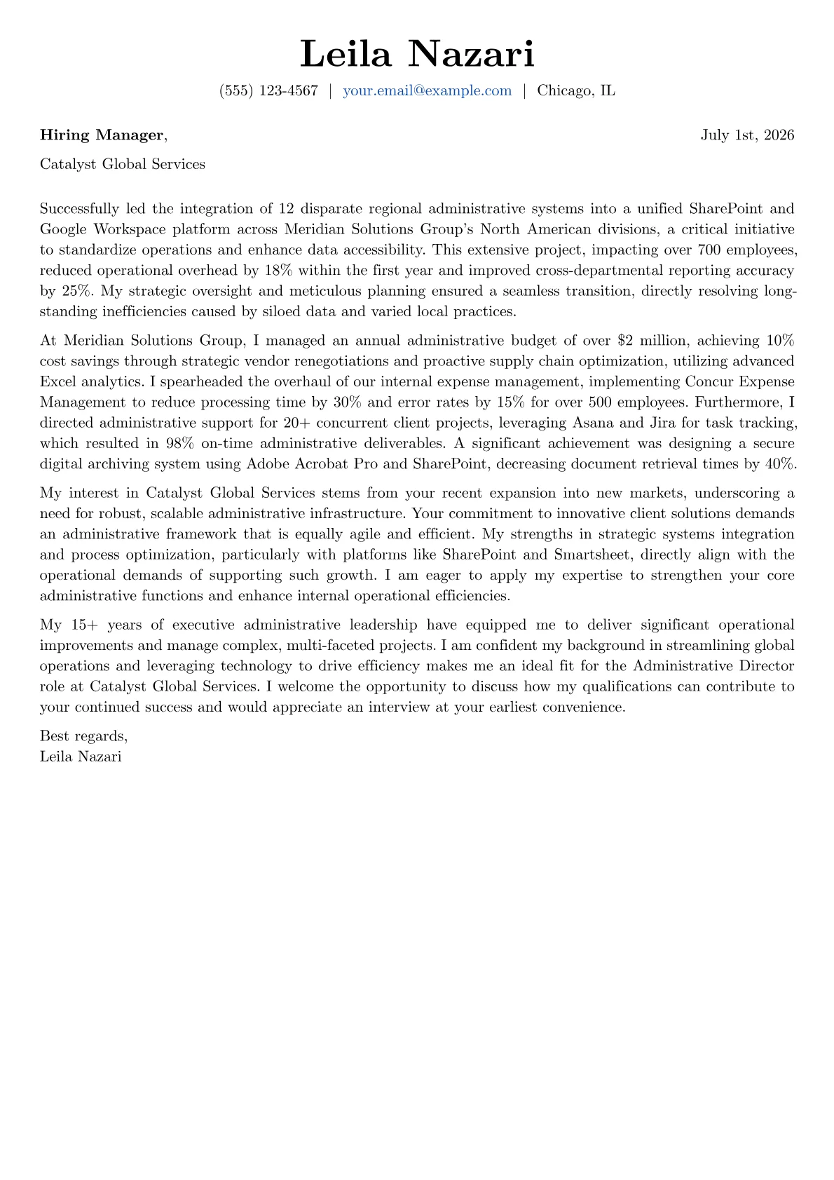 Administrative Director cover letter formatted with a JobSprout template