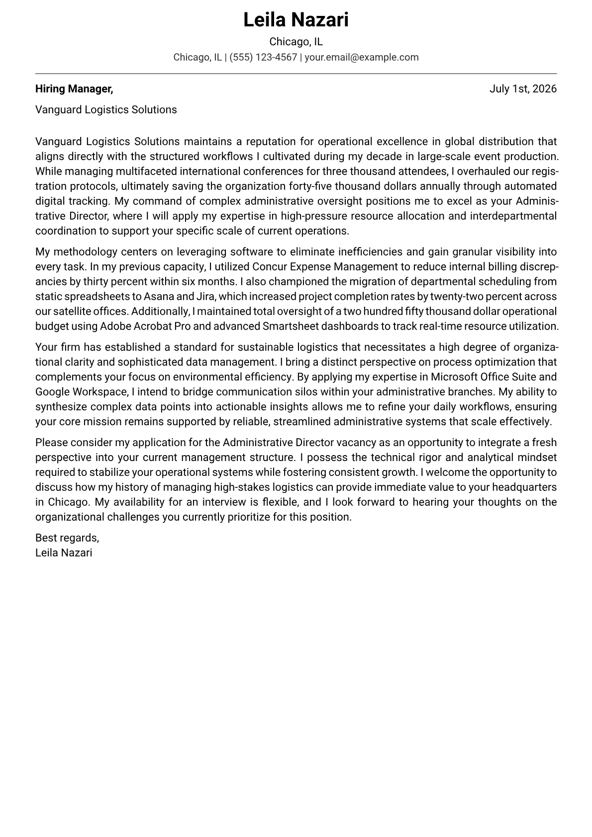 Administrative Director cover letter in the Modern design
