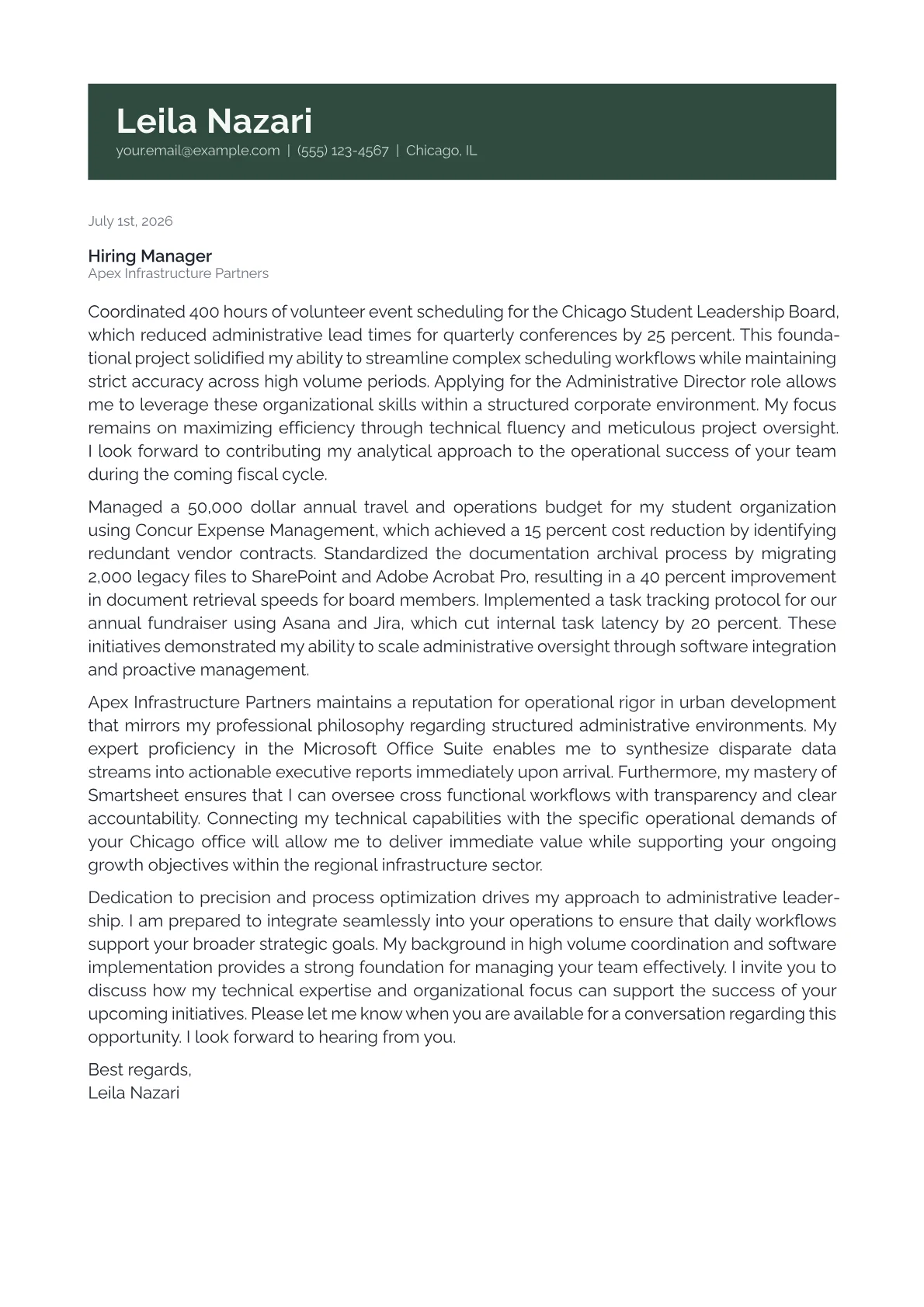 Administrative Director cover letter in the Banner design