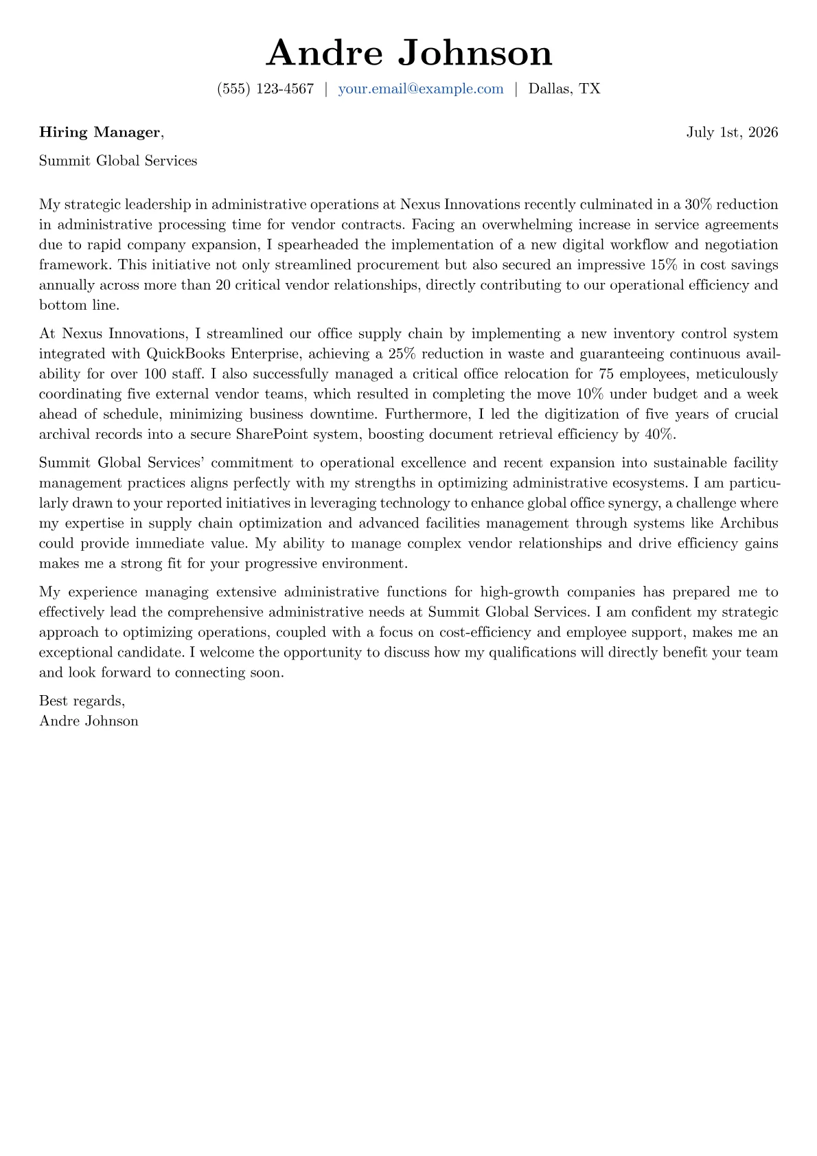 Administrative Manager cover letter formatted with a JobSprout template