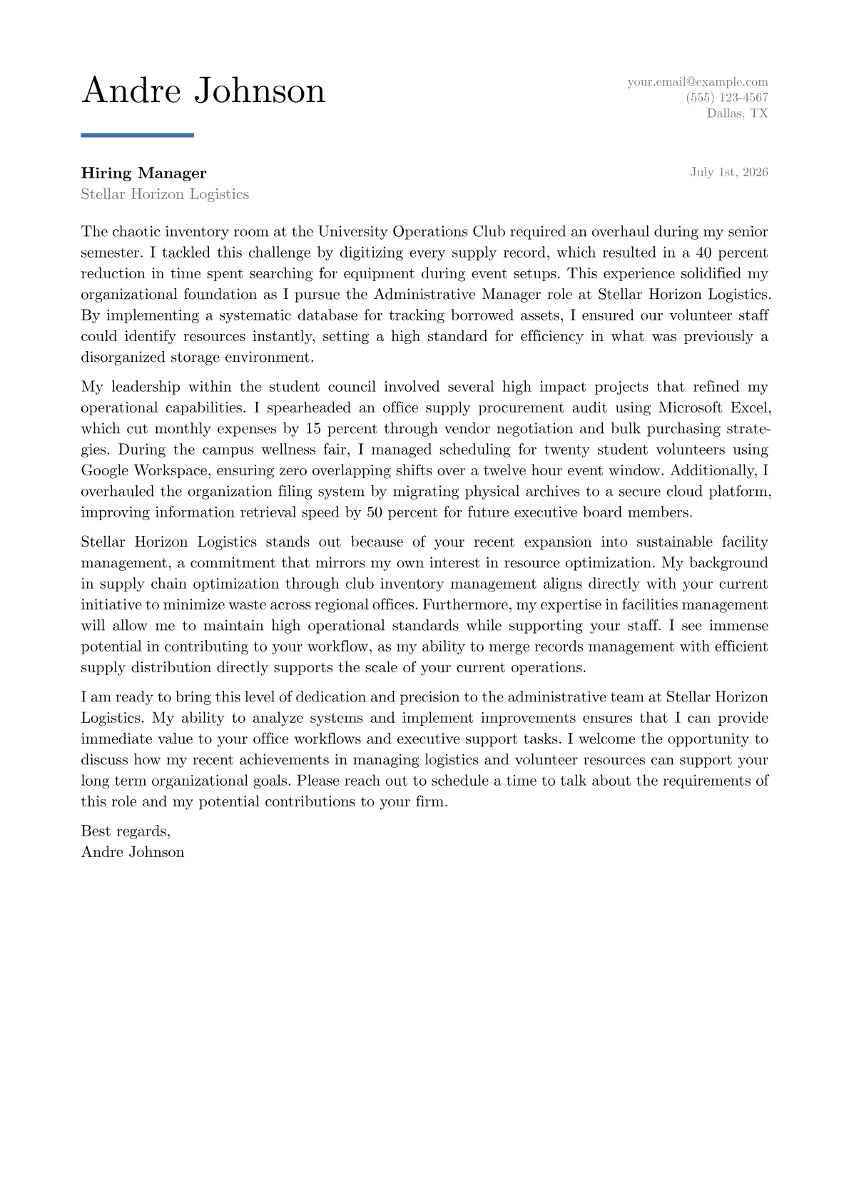 Administrative Manager cover letter in the Executive design
