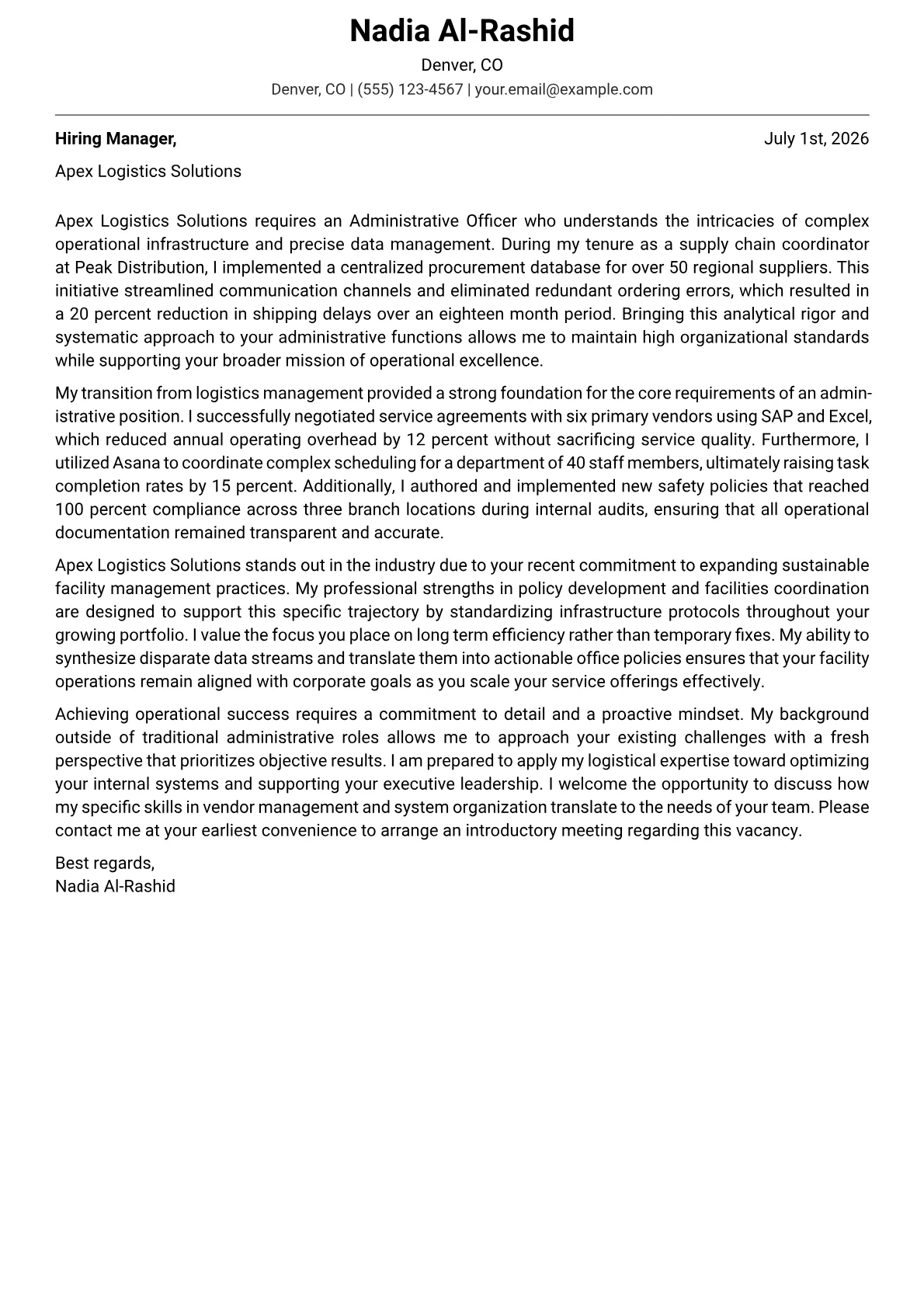 Administrative Officer cover letter in the Modern design