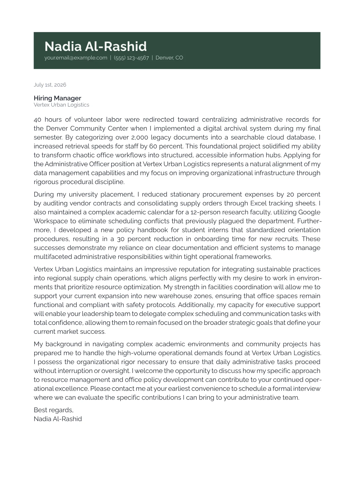 Administrative Officer cover letter in the Banner design