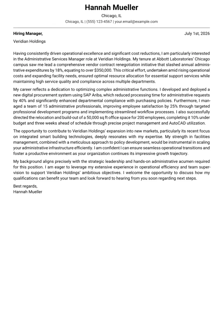Administrative Services Manager Cover Letter Example