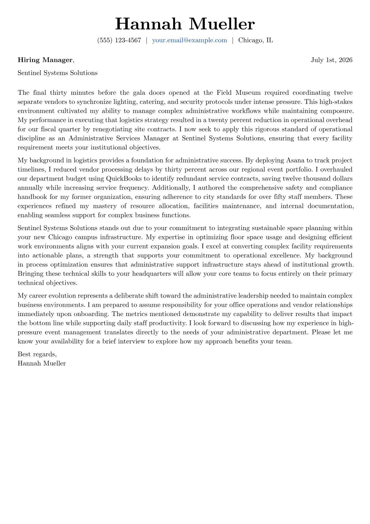 Administrative Services Manager cover letter in the Basic design