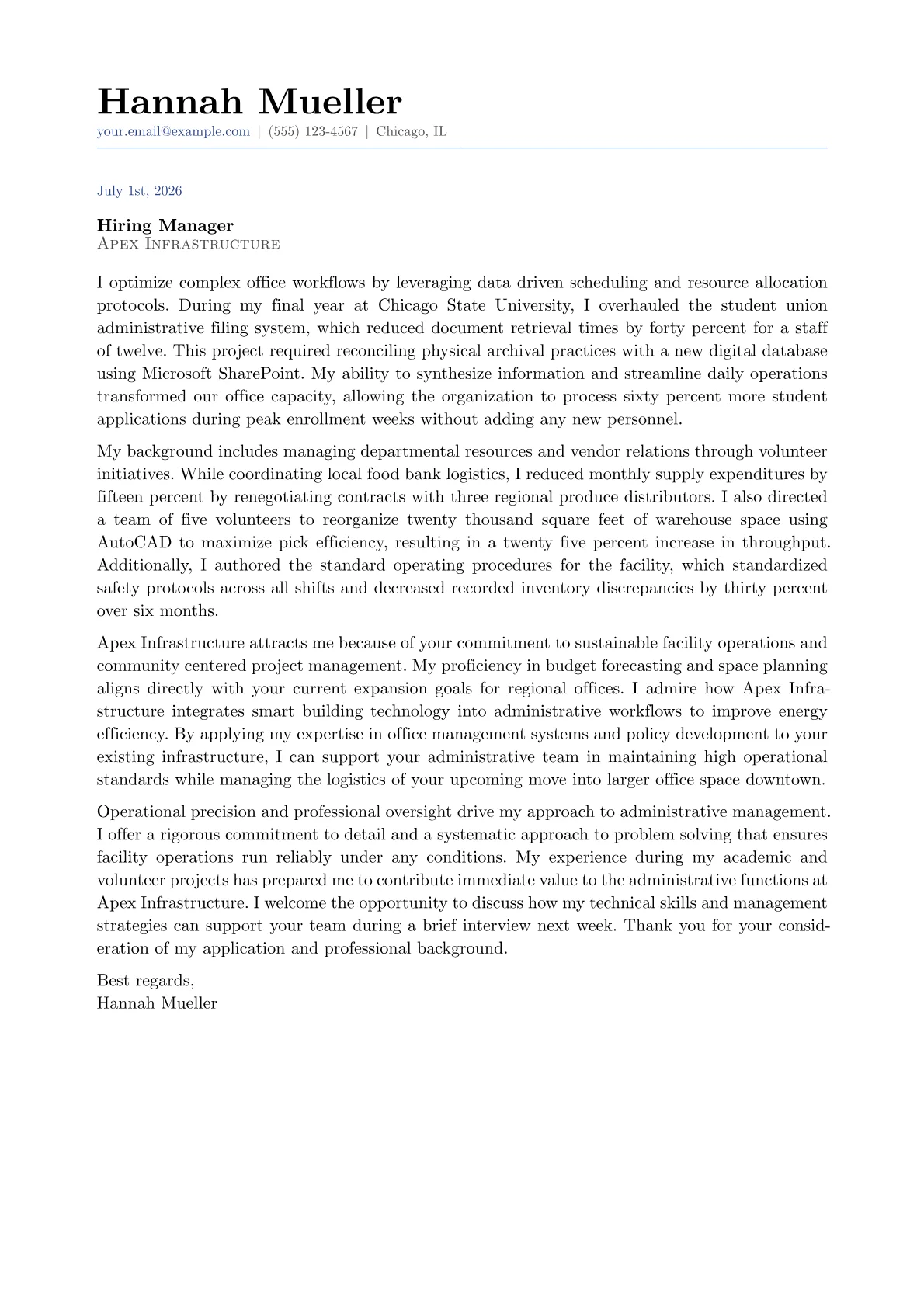 Administrative Services Manager cover letter in the Classic design