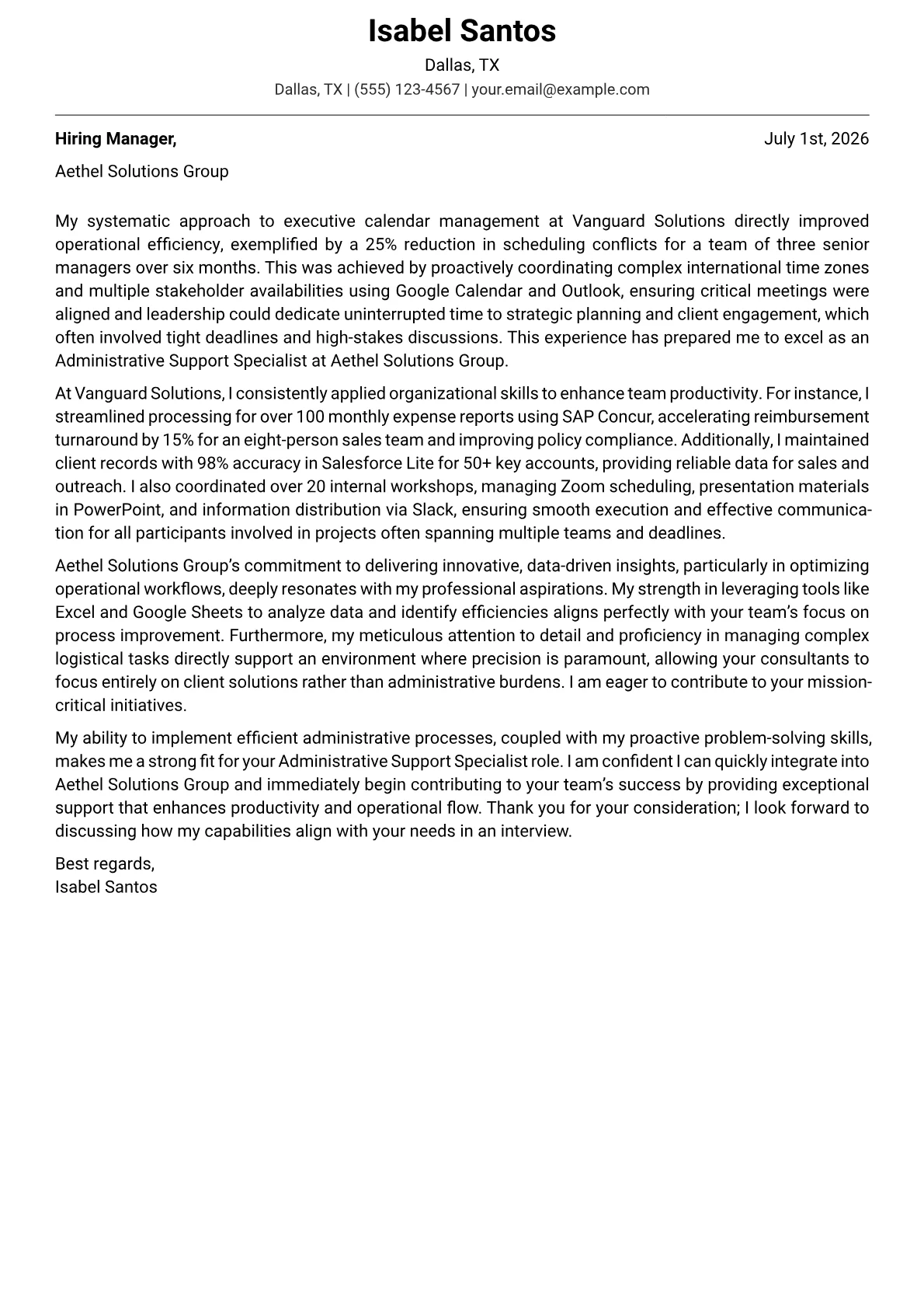Administrative Support Specialist cover letter formatted with a JobSprout template
