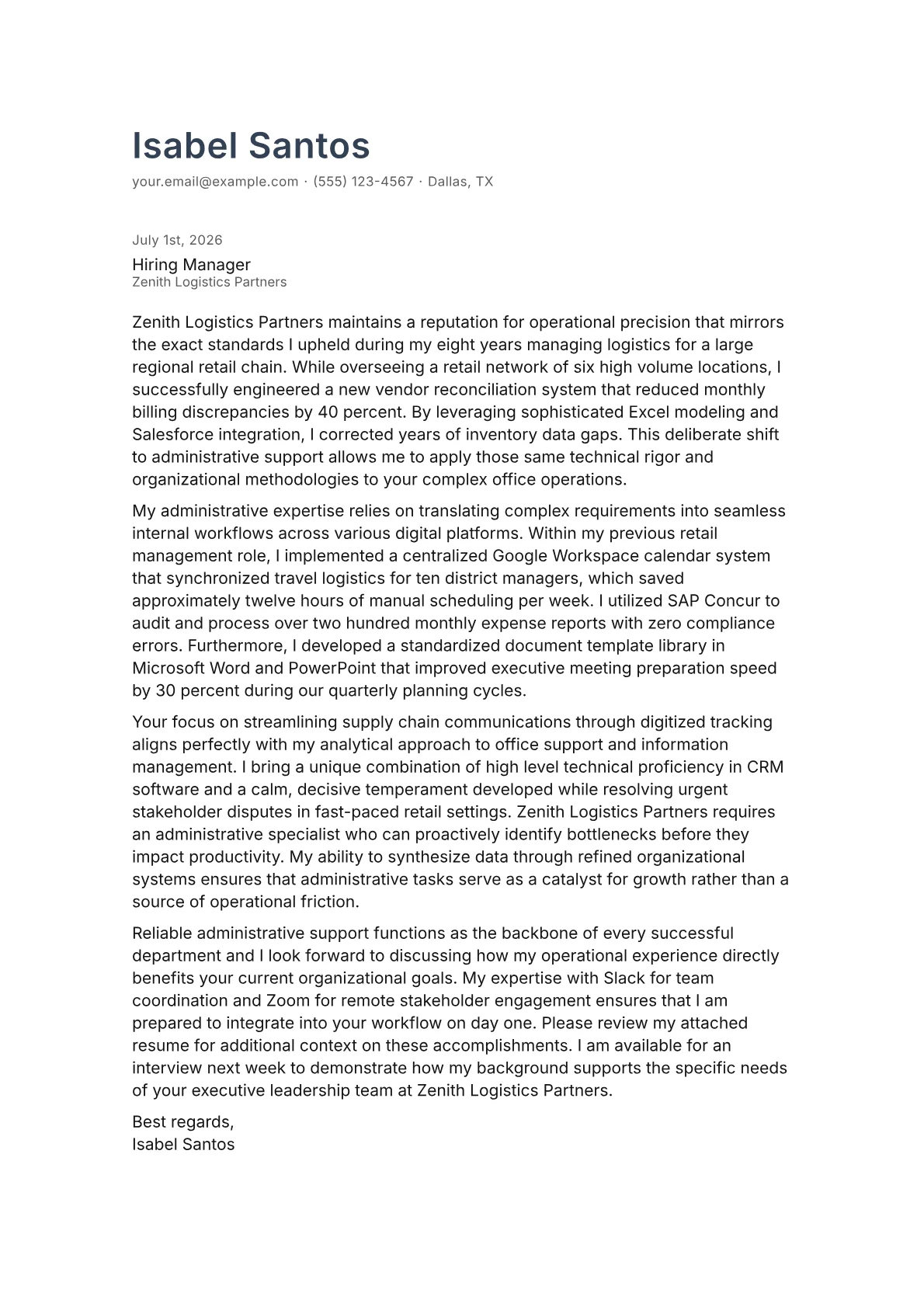 Administrative Support Specialist cover letter in the Minimal design