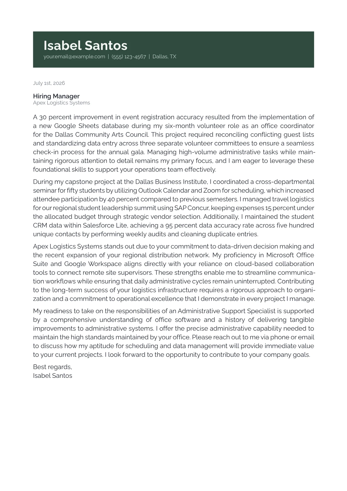 Administrative Support Specialist cover letter in the Banner design