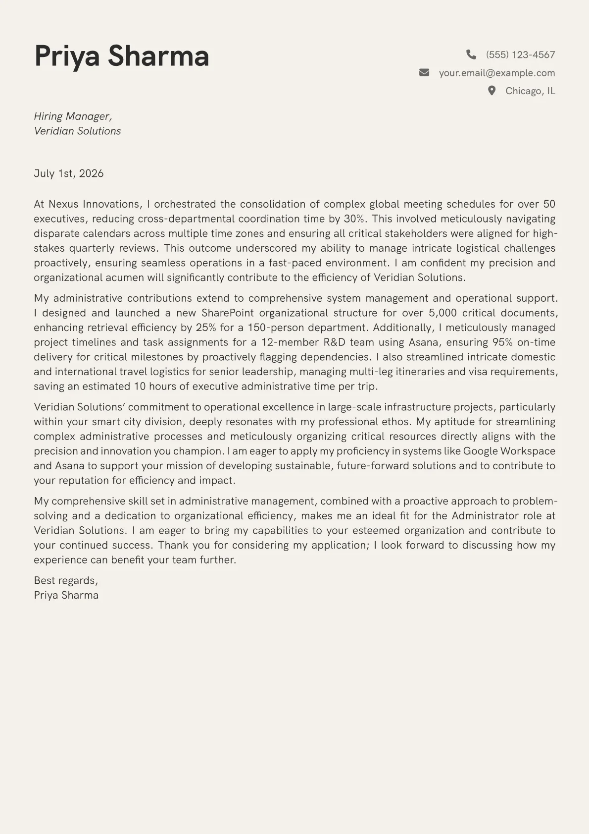 Administrator cover letter formatted with a JobSprout template