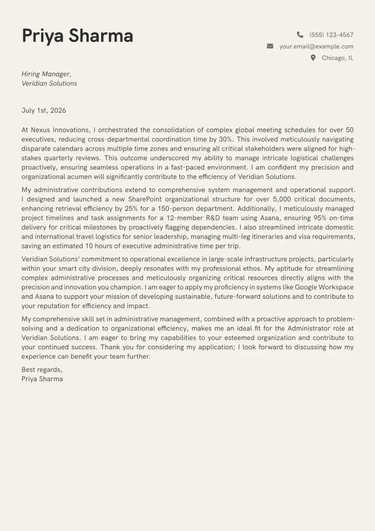Administrator Cover Letter Example