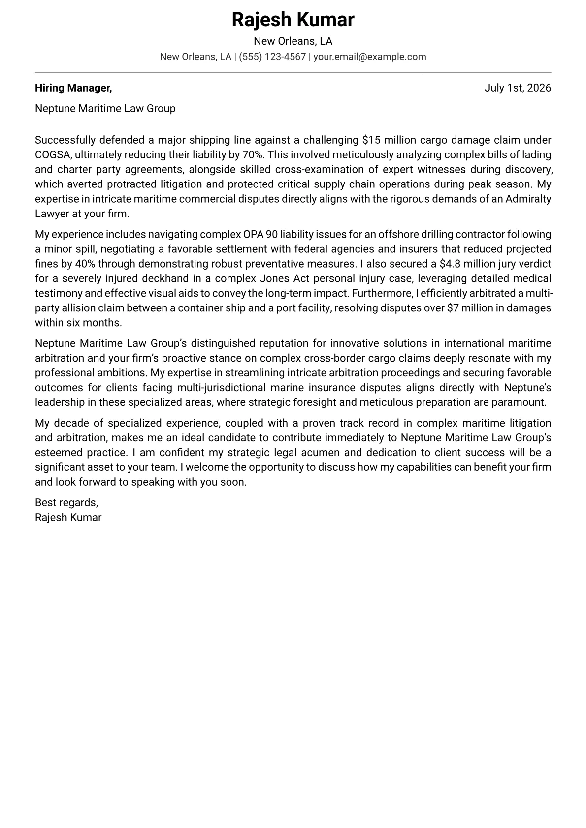 Admiralty Lawyer cover letter formatted with a JobSprout template
