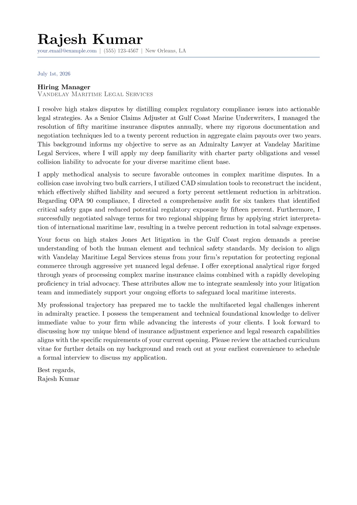 Admiralty Lawyer cover letter in the Classic design
