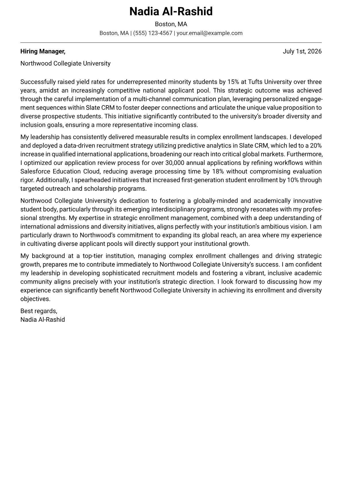 Admissions Director cover letter formatted with a JobSprout template