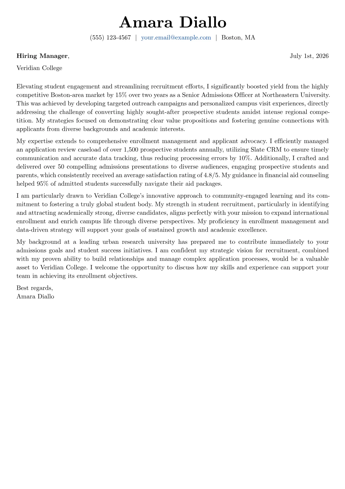 Admissions Officer cover letter formatted with a JobSprout template