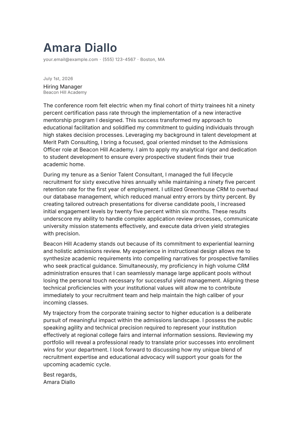 Admissions Officer cover letter in the Minimal design