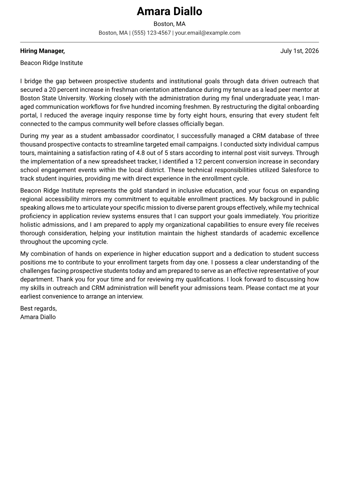 Admissions Officer cover letter in the Modern design