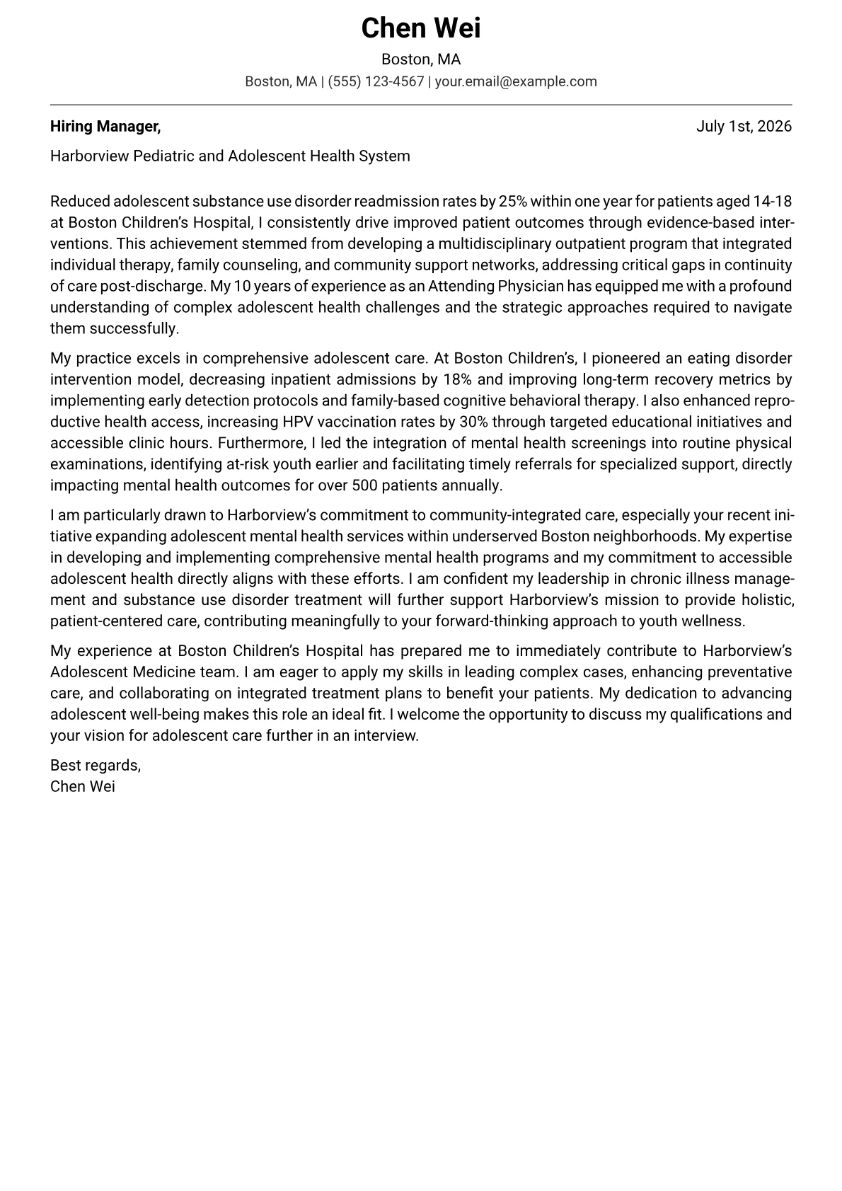 Adolescent Medicine Specialist cover letter formatted with a JobSprout template