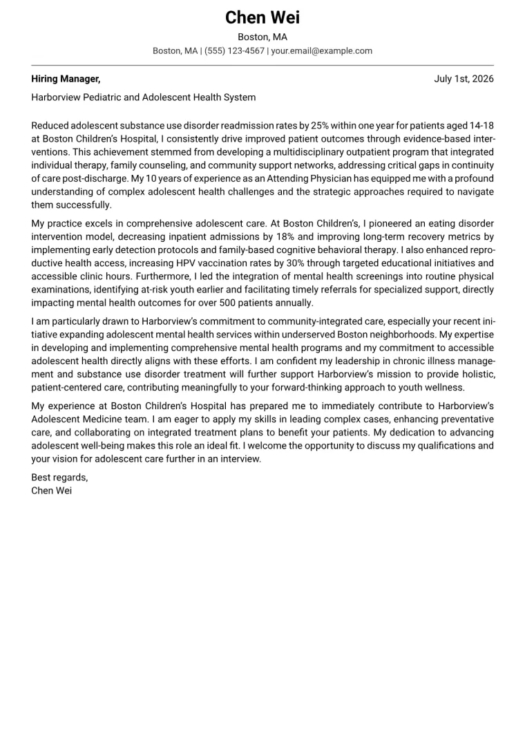 Adolescent Medicine Specialist cover letter example preview