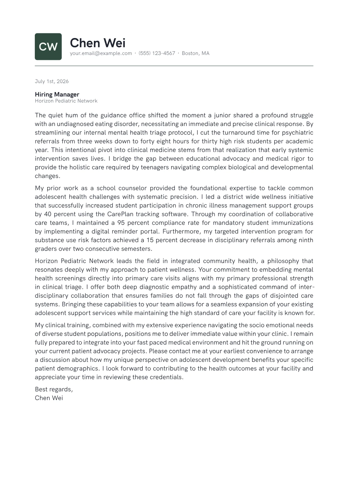 Adolescent Medicine Specialist cover letter in the Emblem design