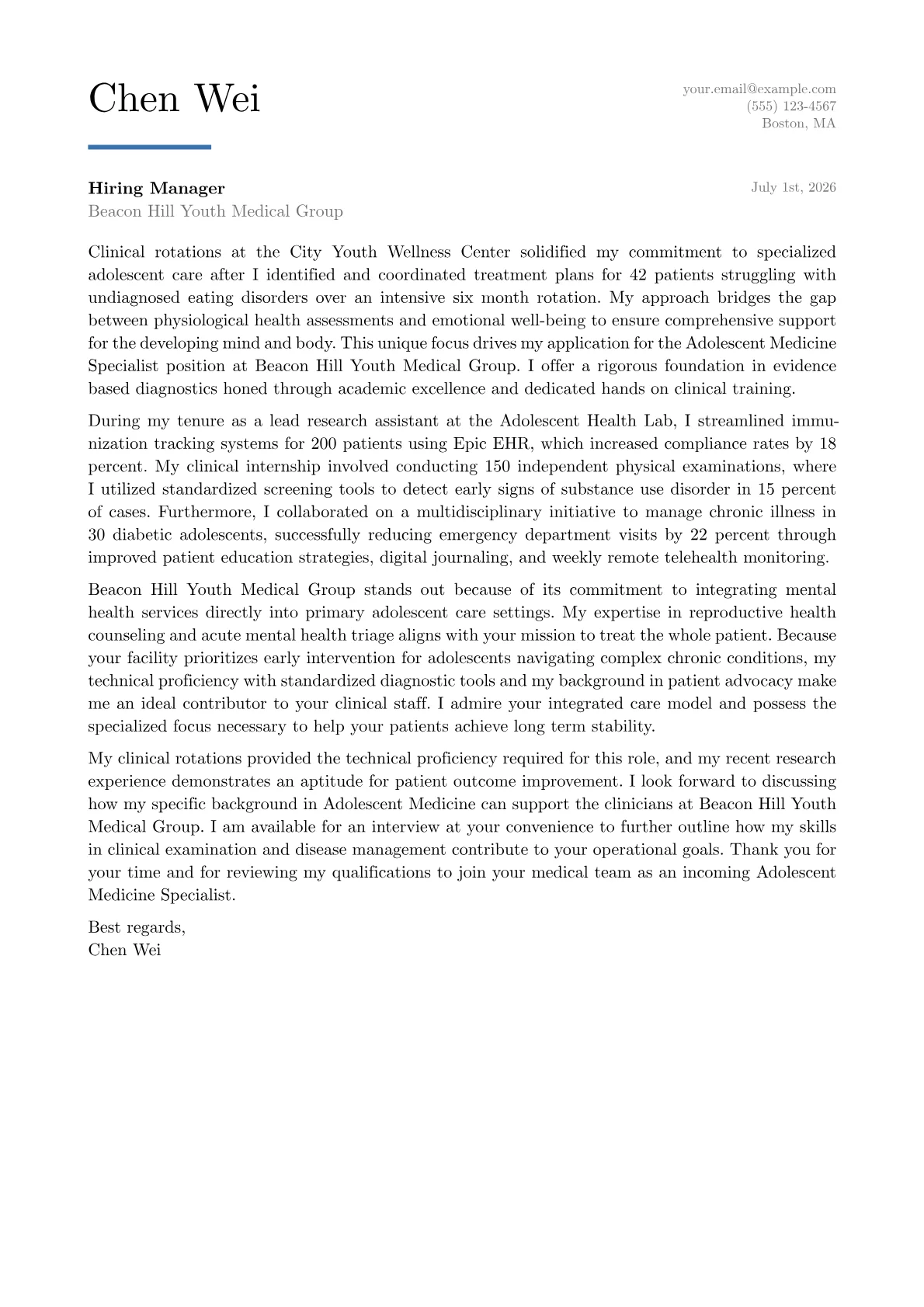 Adolescent Medicine Specialist cover letter in the Executive design