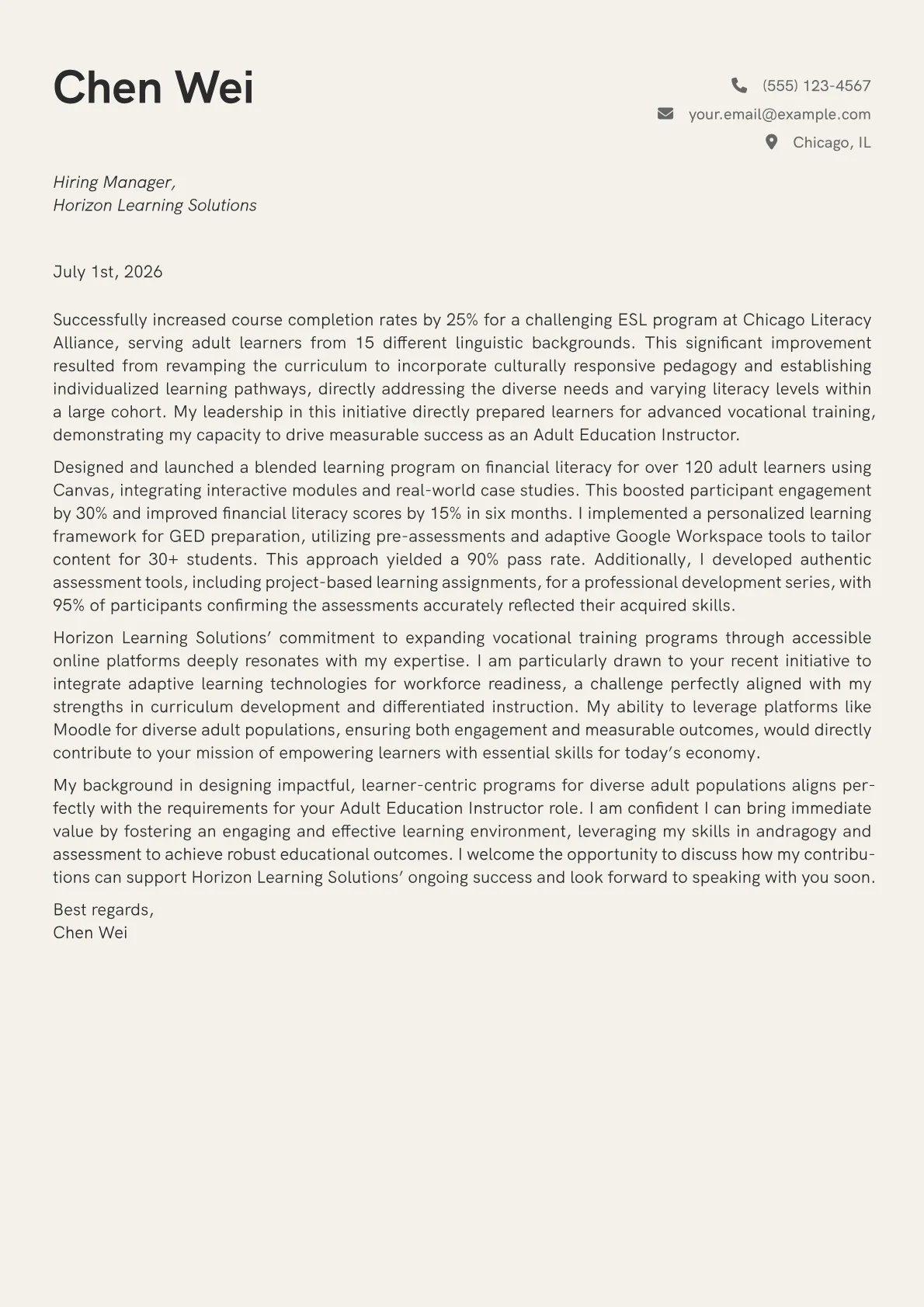Adult Education Instructor cover letter formatted with a JobSprout template