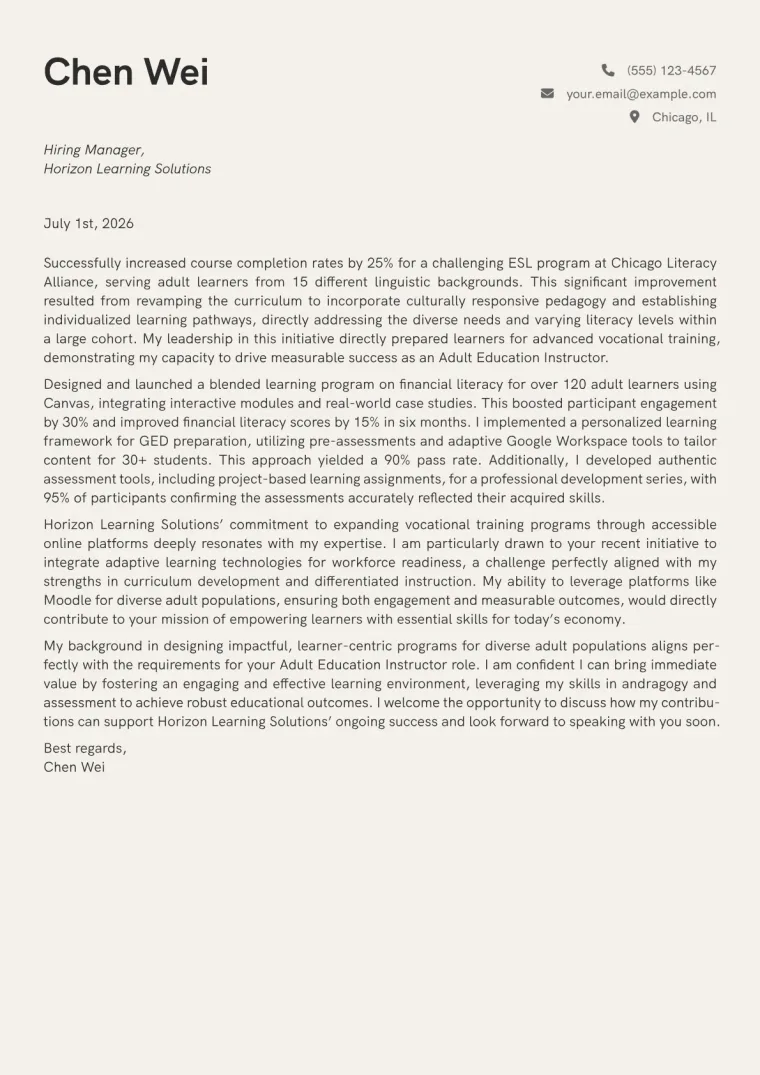 Adult Education Instructor cover letter example preview