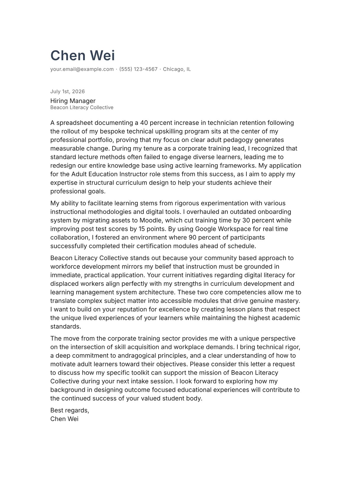 Adult Education Instructor cover letter in the Minimal design