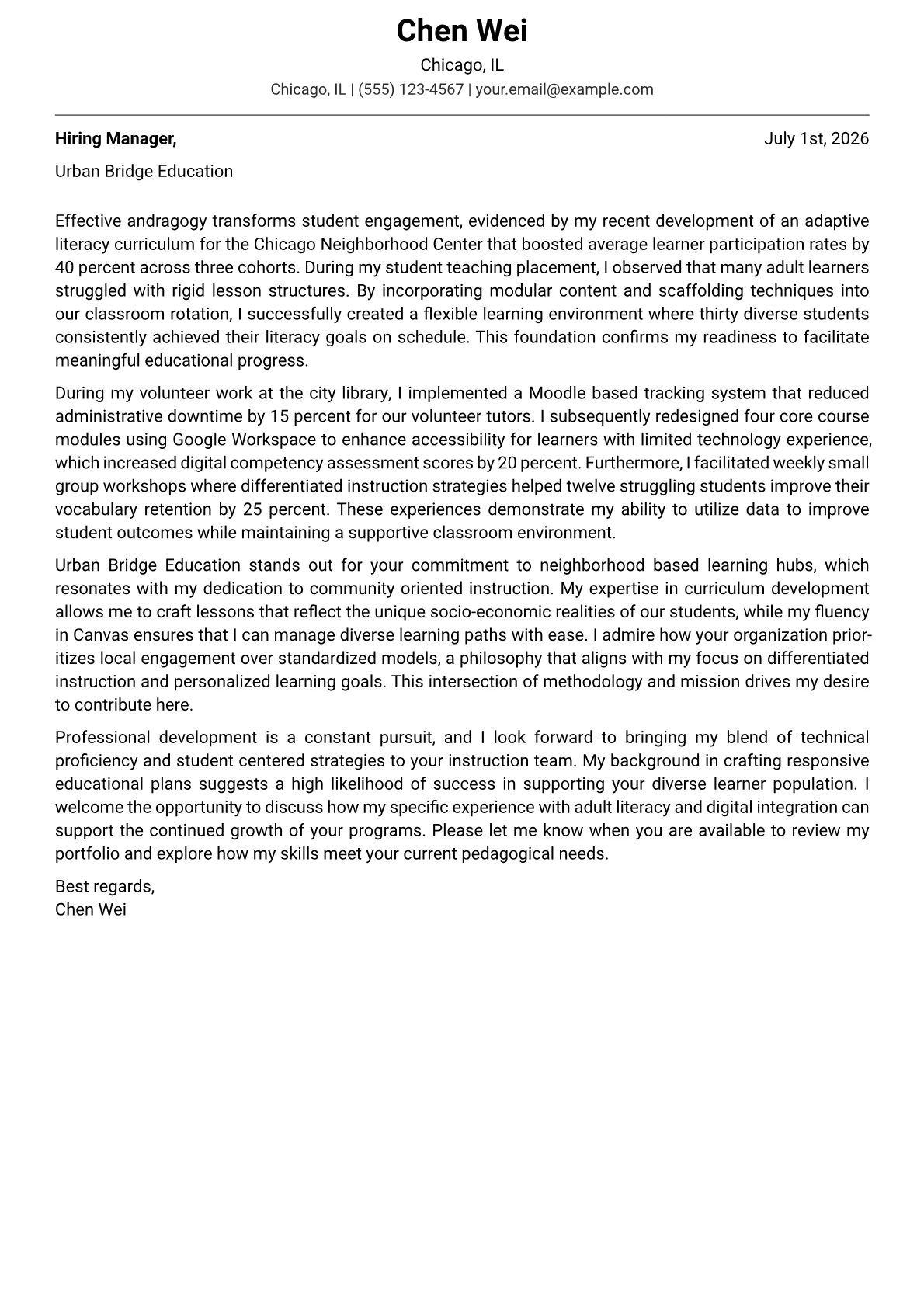 Adult Education Instructor cover letter in the Modern design