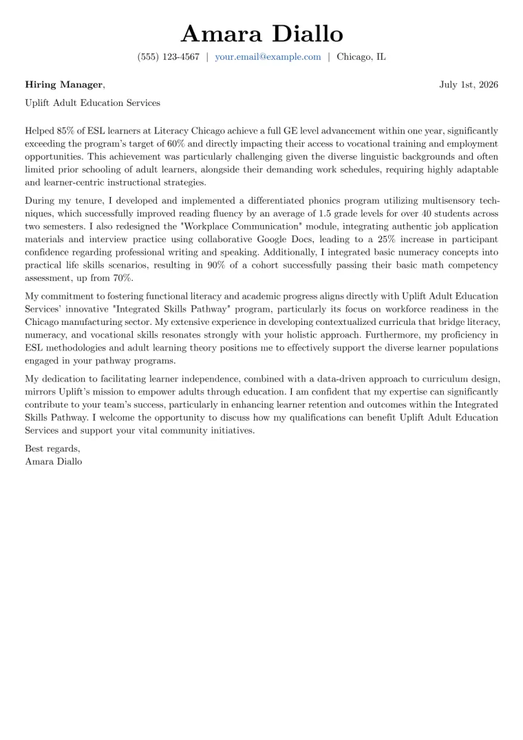 Adult Literacy Teacher cover letter example preview