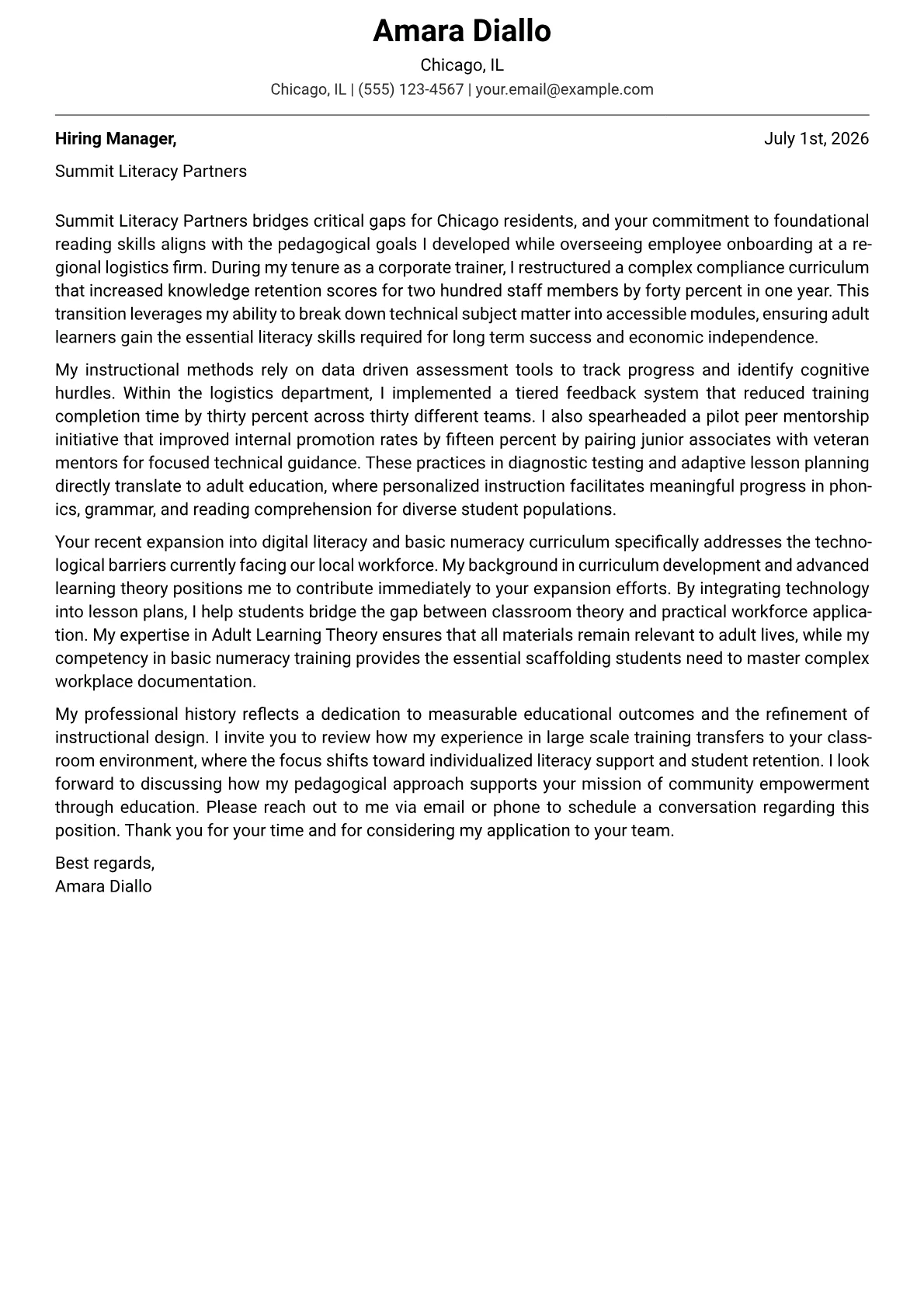 Adult Literacy Teacher cover letter in the Modern design