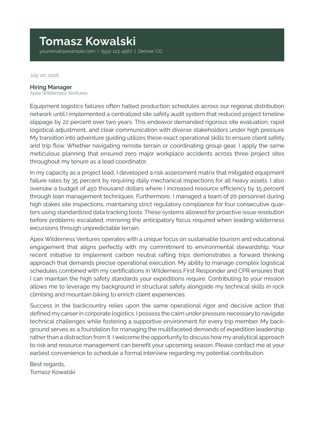 Adventure Tour Guide cover letter in the Banner design