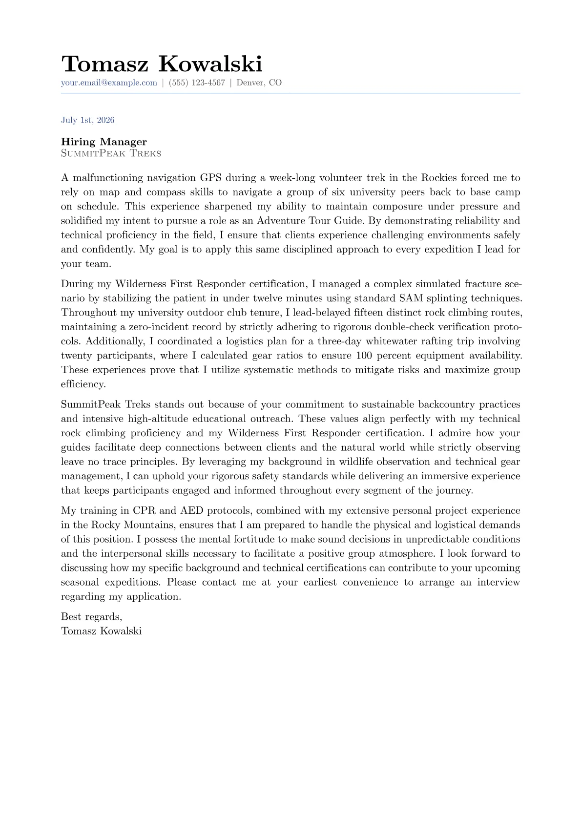 Adventure Tour Guide cover letter in the Classic design