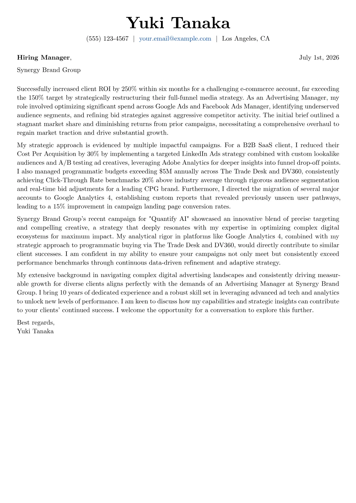 Advertising Manager cover letter formatted with a JobSprout template