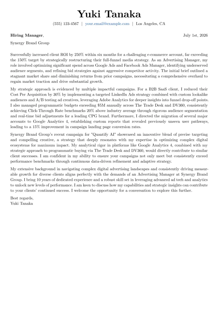 Advertising Manager cover letter example preview