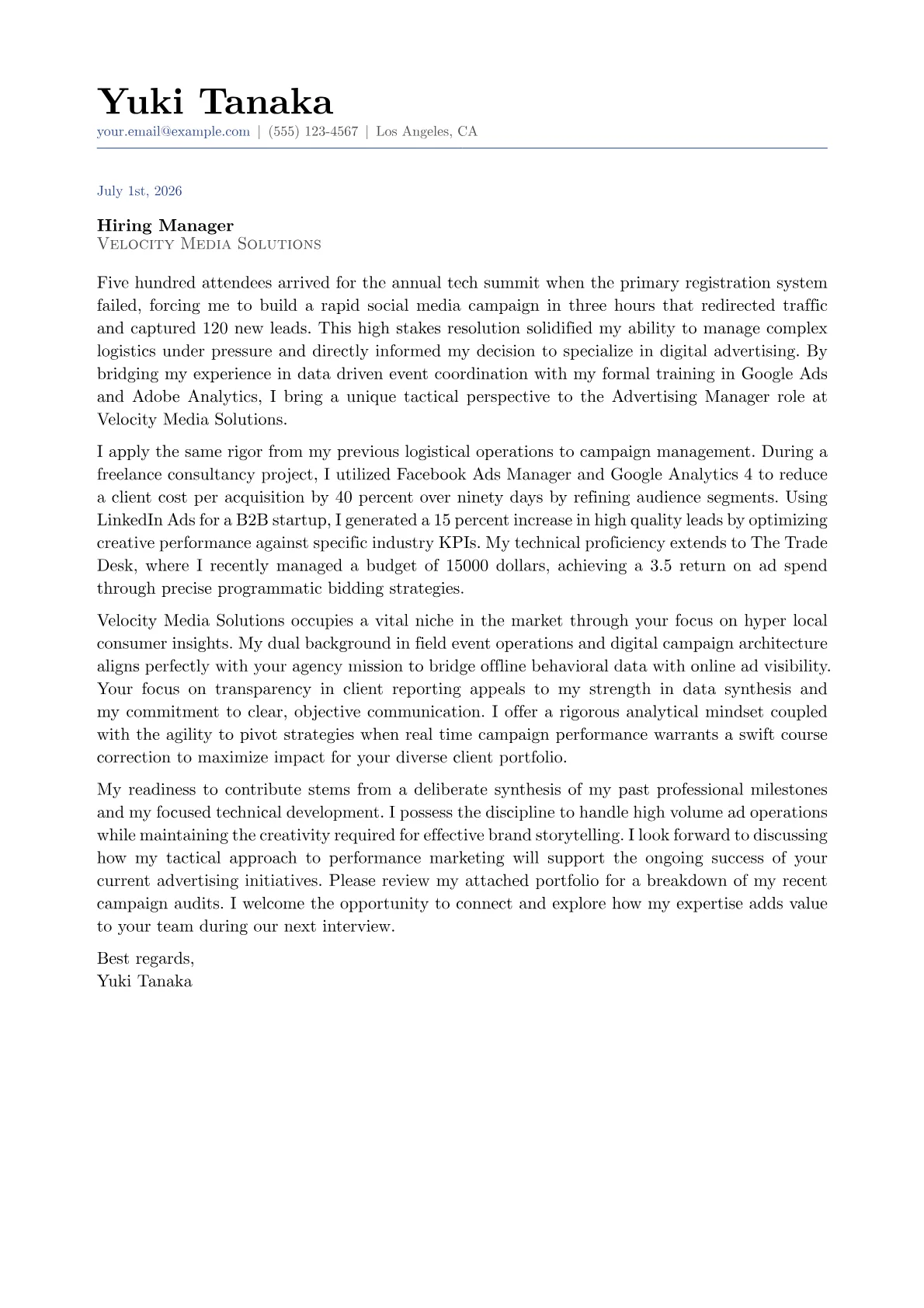 Advertising Manager cover letter in the Classic design