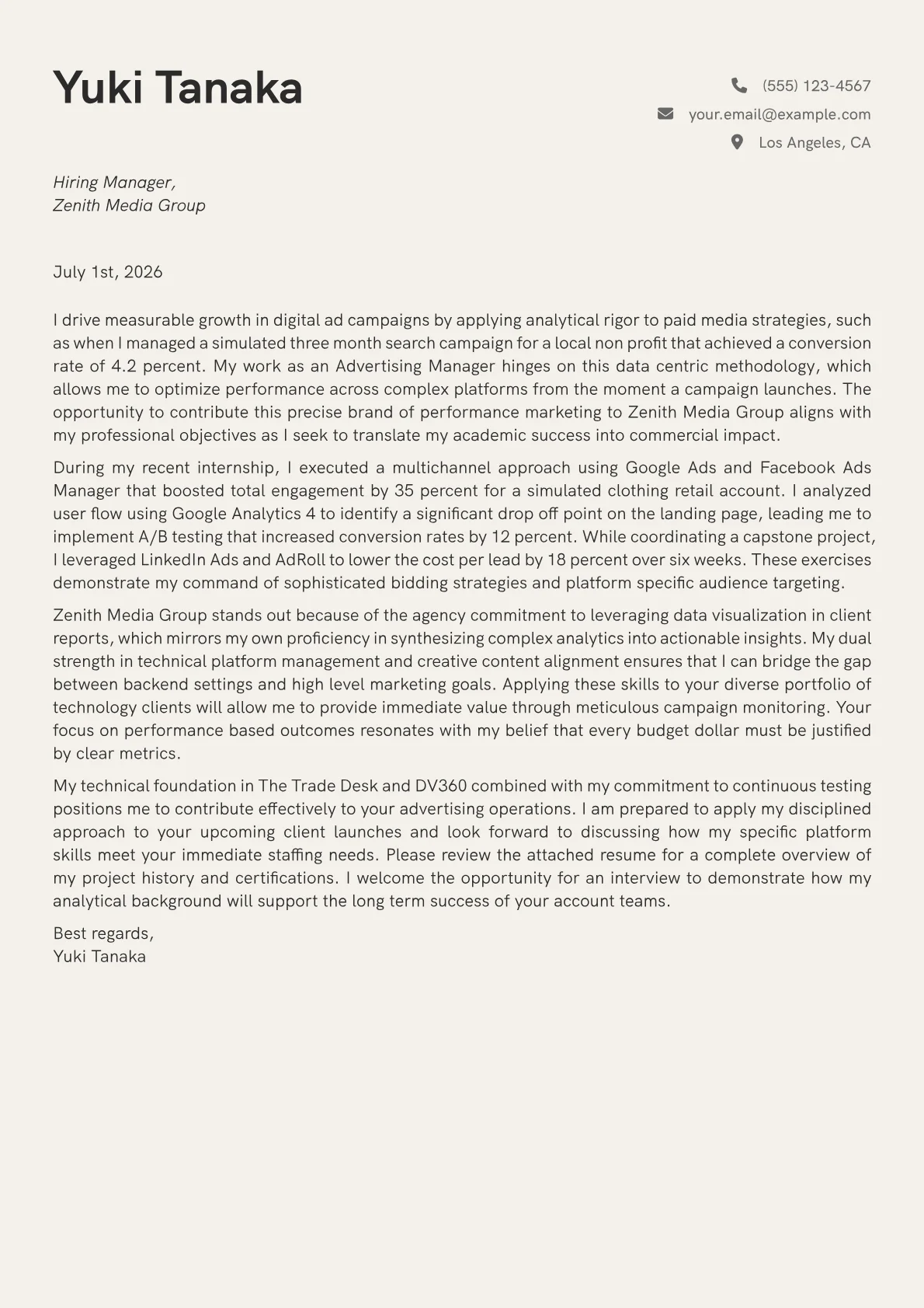 Advertising Manager cover letter in the Creative design